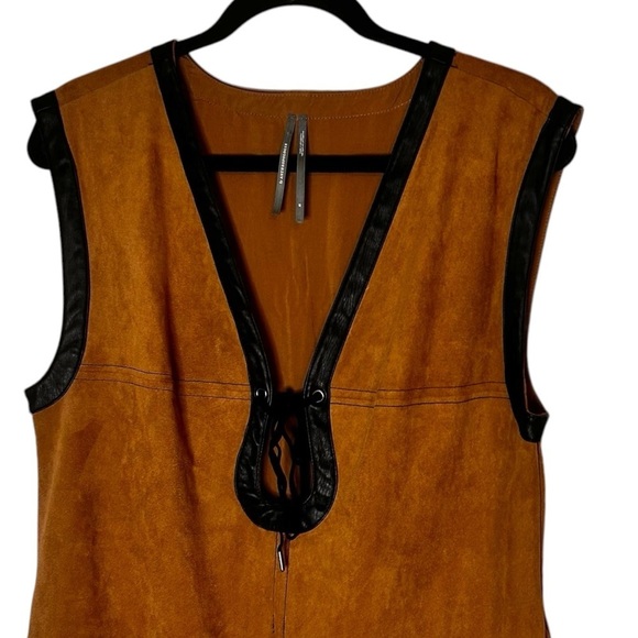 By Anthropologie Faux Suede Shell Mini Dress- Brown with Black Trim- Size Medium - Picture 4 of 11